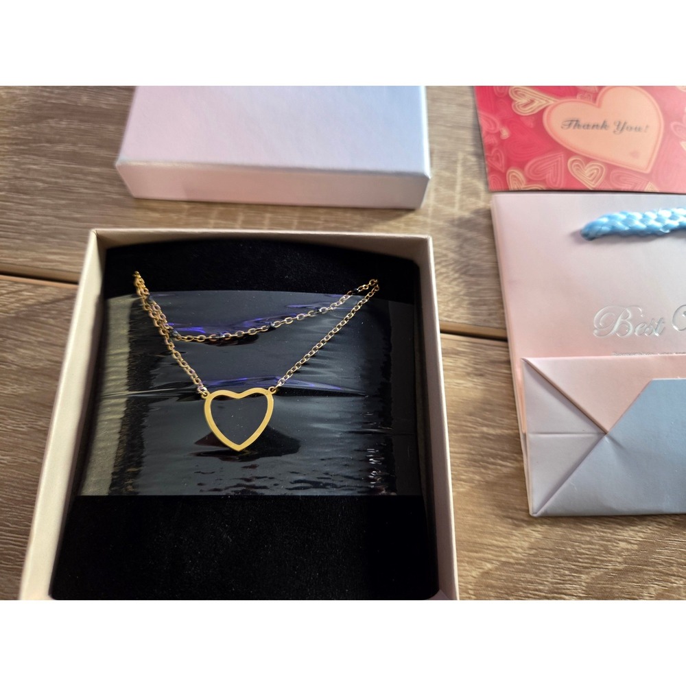 Gold‎ Tone Open Heart Pendant Necklace with Gift Box Bag and Card Minimalist